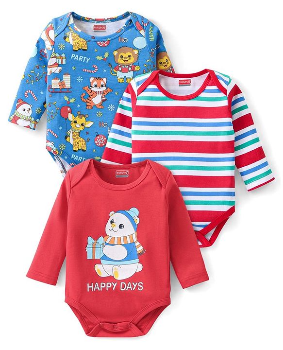 Babyhug 100% Cotton Interlock Full Sleeves Striped Onesies Animal Print Pack of 3 - Red & Blue