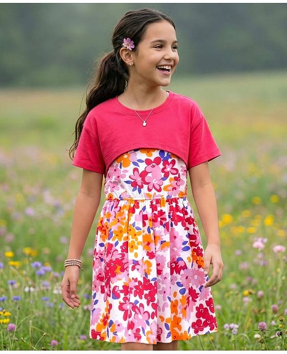 Pine Kids Cotton Knit Floral Printed Frock With Half Sleeves Solid Colour Shrug - Dark Pink