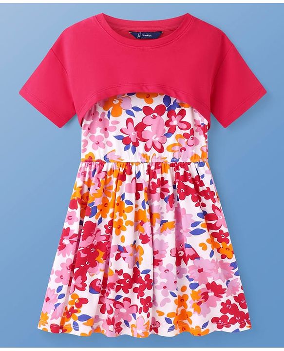 Pine Kids Cotton Knit Floral Printed Frock With Half Sleeves Solid Colour Shrug - Dark Pink