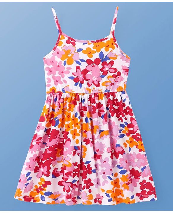 Pine Kids Cotton Knit Floral Printed Frock With Half Sleeves Solid Colour Shrug - Dark Pink