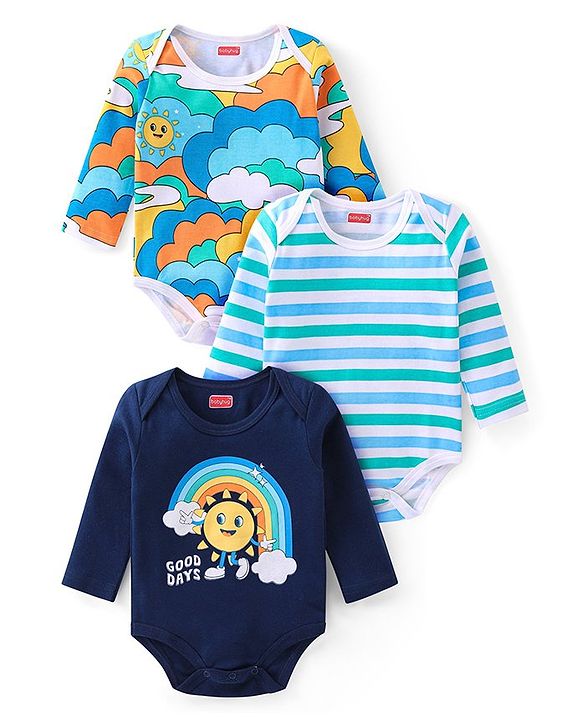 Babyhug 100% Cotton Full Sleeves Onesies Clouds Print Pack of 3 - Blue