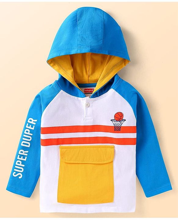 Babyhug Cotton Knit Raglan Sleeves Hooded T-Shirt With Front Pocket & Text Print - White Yellow Blue