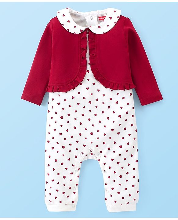 Babyhug Interlock Knit Full Sleeves Peter Pan Collor Romper With Booties Heart Print - Red