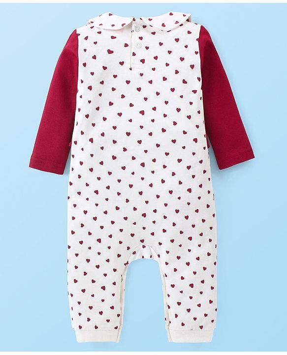 Babyhug Interlock Knit Full Sleeves Peter Pan Collor Romper With Booties Heart Print - Red