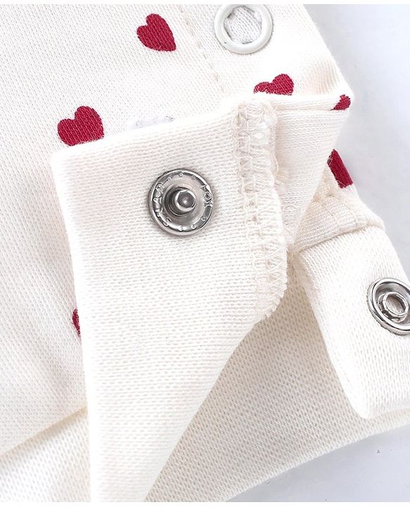Babyhug Interlock Knit Full Sleeves Peter Pan Collor Romper With Booties Heart Print - Red