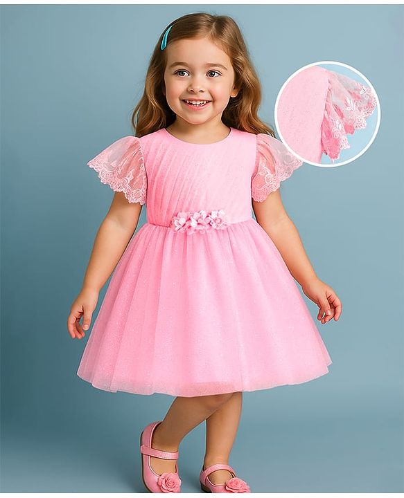 Babyhug Woven Half Flutter Sleeves Fit & Flared Mesh Shimmered  Party Frock with Pleated & Floral Detailing - Pink
