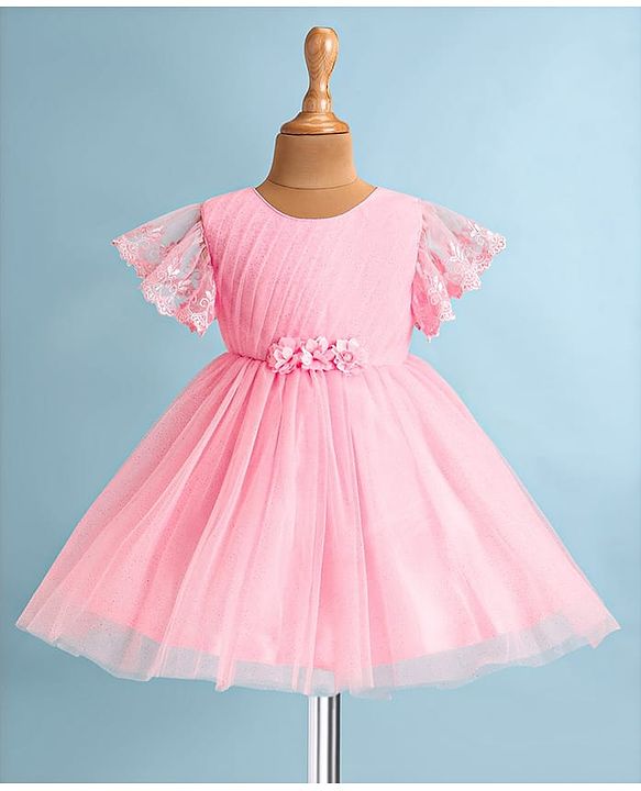 Babyhug Woven Half Flutter Sleeves Fit & Flared Mesh Shimmered  Party Frock with Pleated & Floral Detailing - Pink