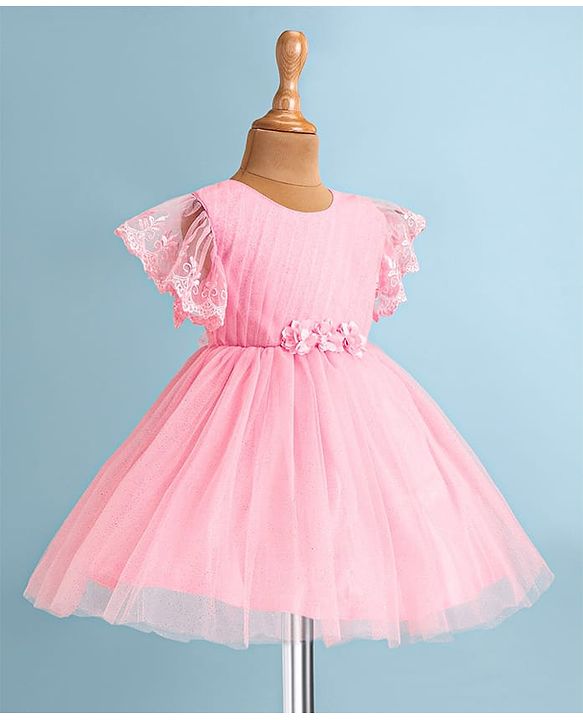 Babyhug Woven Half Flutter Sleeves Fit & Flared Mesh Shimmered  Party Frock with Pleated & Floral Detailing - Pink