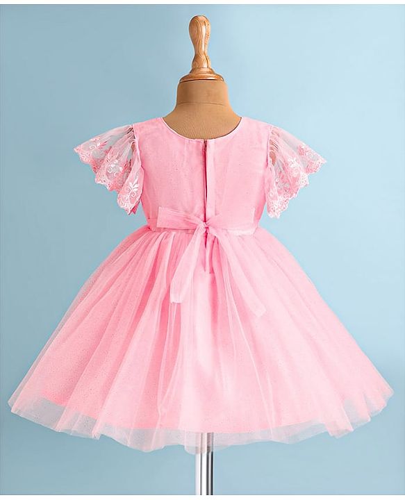 Babyhug Woven Half Flutter Sleeves Fit & Flared Mesh Shimmered  Party Frock with Pleated & Floral Detailing - Pink