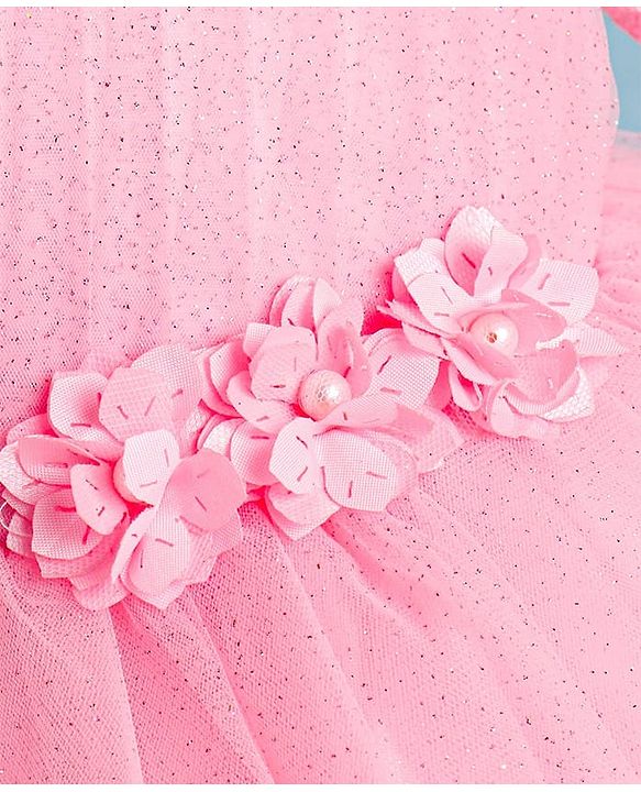 Babyhug Woven Half Flutter Sleeves Fit & Flared Mesh Shimmered  Party Frock with Pleated & Floral Detailing - Pink