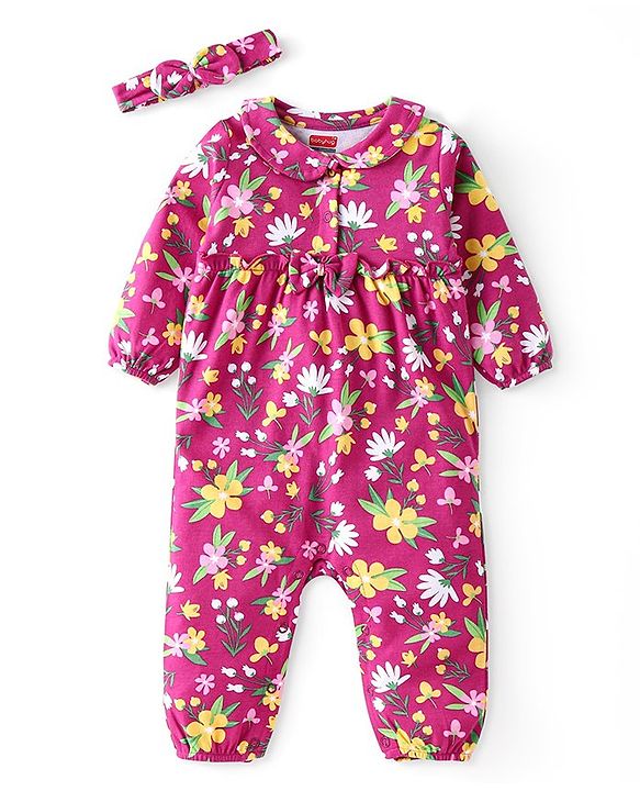Babyhug 100 % Cotton Full Sleeves Romper with Bow Applique & Headband Floral Print - Red