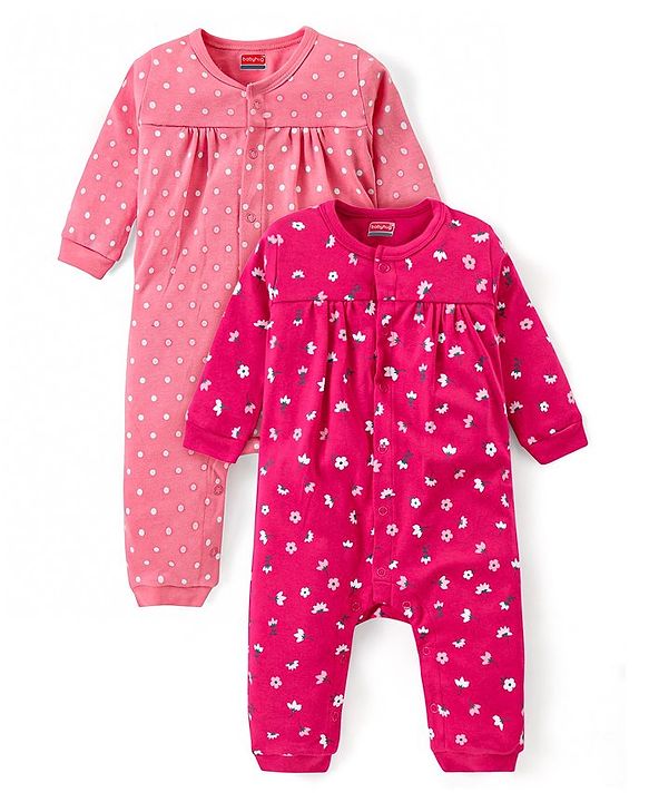 Babyhug 100% Cotton Full Sleeves Rompers Floral & Polka Dots Print Pack of 2 - Pink