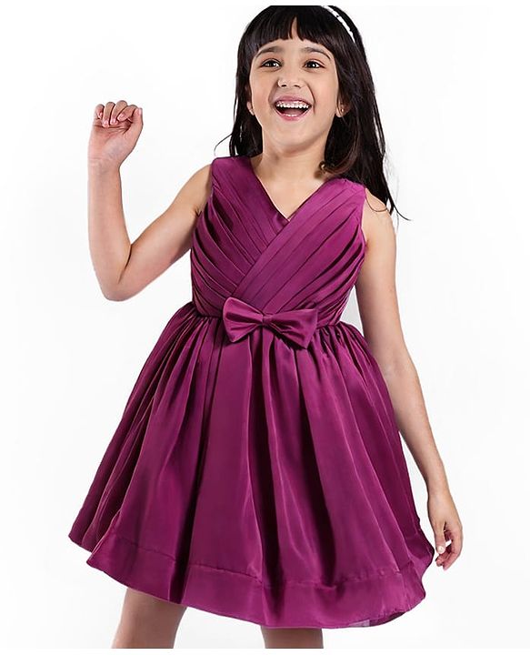 Babyhug Premium Glass Nylon Fabric Sleeveless Party Dress With Bow Applique & Yoke Pleating - Wine