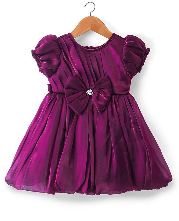 Babyhug Woven Half Puffed Sleeves Fit & Flared Party Frock with Bow Applique - Purple