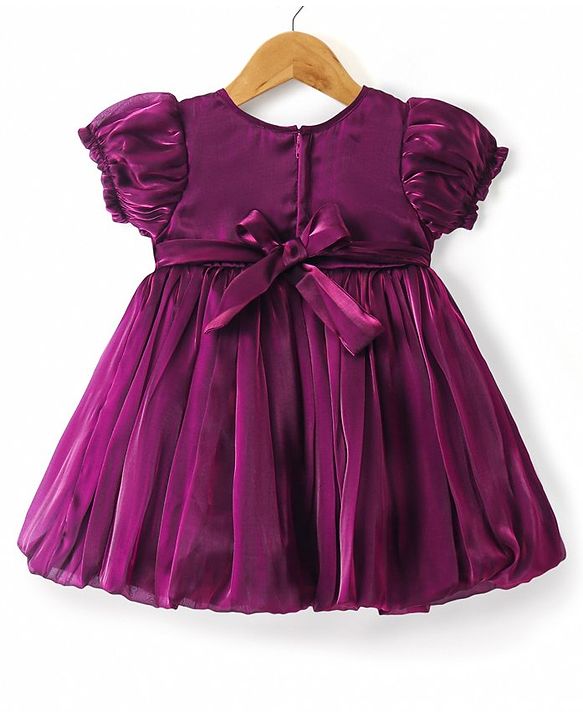 Babyhug Woven Half Puffed Sleeves Fit & Flared Party Frock with Bow Applique - Purple