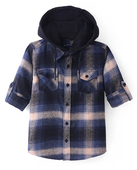 Pine Kids Cotton Woven Full Sleeves Brushed Checkered Hooded Shirt - Navy & Peach
