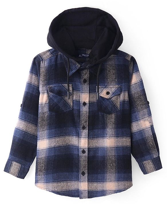Pine Kids Cotton Woven Full Sleeves Brushed Checkered Hooded Shirt - Navy & Peach