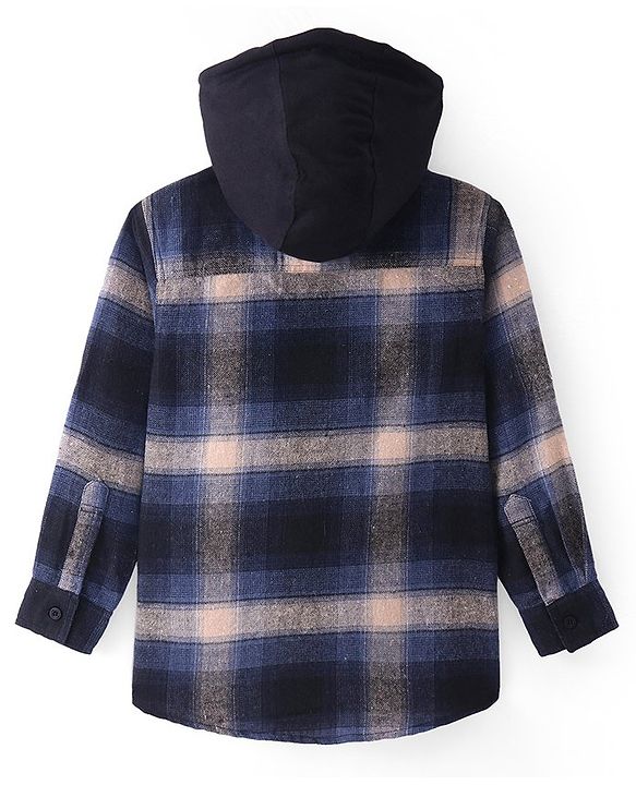 Pine Kids Cotton Woven Full Sleeves Brushed Checkered Hooded Shirt - Navy & Peach