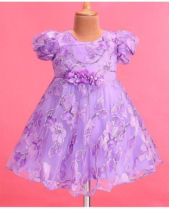 Babyhug Woven Puffed Sleeves Floral Printed Fit & Flared Party Frock with Applique - Purple