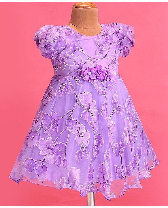 Babyhug Woven Puffed Sleeves Floral Printed Fit & Flared Party Frock with Applique - Purple