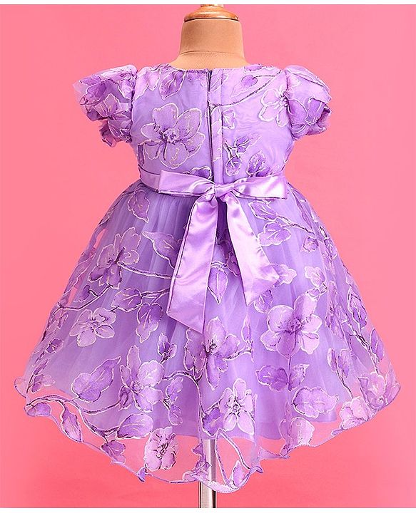 Babyhug Woven Puffed Sleeves Floral Printed Fit & Flared Party Frock with Applique - Purple