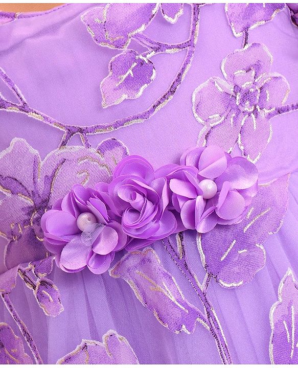 Babyhug Woven Puffed Sleeves Floral Printed Fit & Flared Party Frock with Applique - Purple