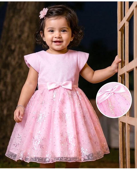 Babyhug Woven Cap Sleeves Fit & Flared Sequined Embroidered Party Frock & Bow Applique - Peach