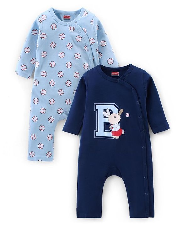 Babyhug 100% Cotton Full Sleeves Front Open Romper With Baseball Print Pack of 2 - Blue