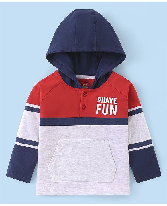 Babyhug Cotton Knit Full Sleeves Hooded T-Shirt with Kangaroo Pocket & Text Print - Light Grey Red & Navy Blue
