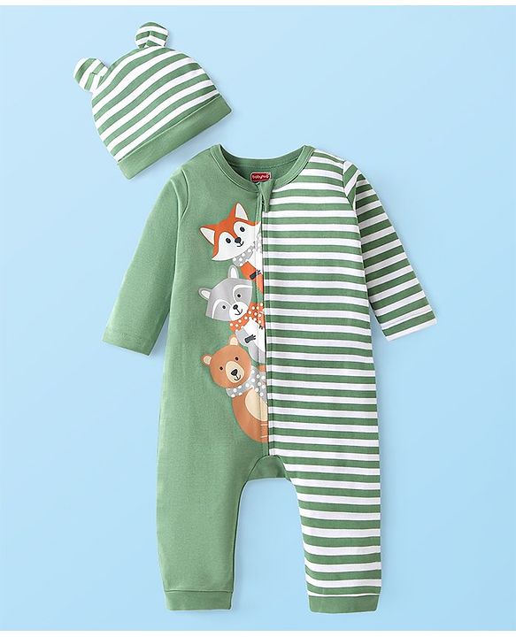 Babyhug Interlock Knit Full Sleeves Striped  Romper with Cap Wild Animal Print  - Green