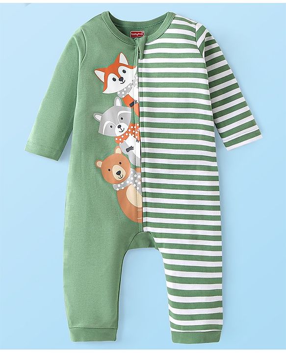 Babyhug Interlock Knit Full Sleeves Striped  Romper with Cap Wild Animal Print  - Green