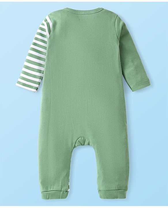 Babyhug Interlock Knit Full Sleeves Striped  Romper with Cap Wild Animal Print  - Green