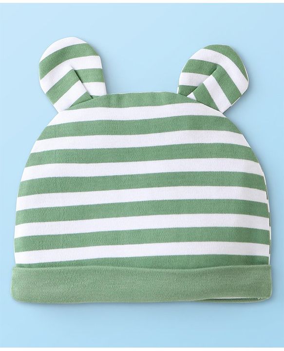 Babyhug Interlock Knit Full Sleeves Striped  Romper with Cap Wild Animal Print  - Green