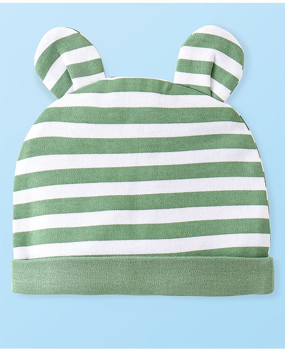 Babyhug Interlock Knit Full Sleeves Striped  Romper with Cap Wild Animal Print  - Green