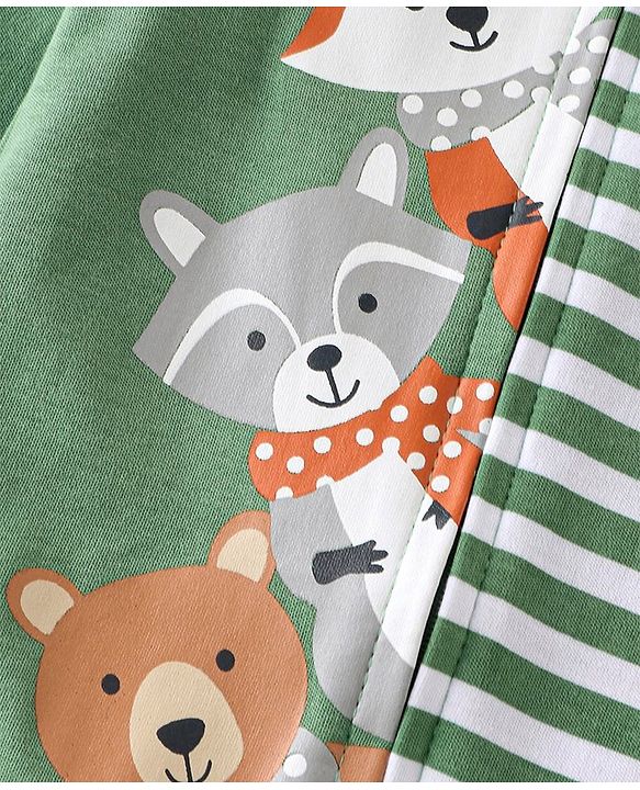 Babyhug Interlock Knit Full Sleeves Striped  Romper with Cap Wild Animal Print  - Green