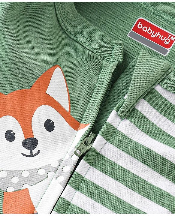 Babyhug Interlock Knit Full Sleeves Striped  Romper with Cap Wild Animal Print  - Green