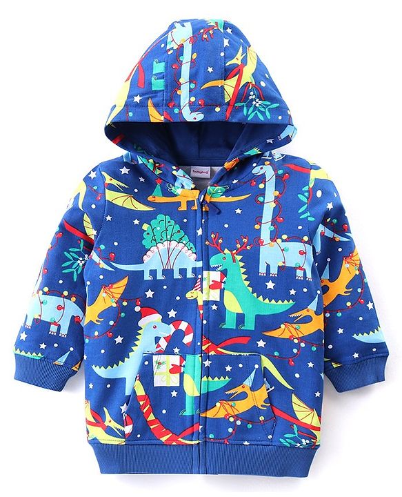 Babyhug Cotton Knit Full Sleeves Hooded Sweatjacket with Dino Print - Blue