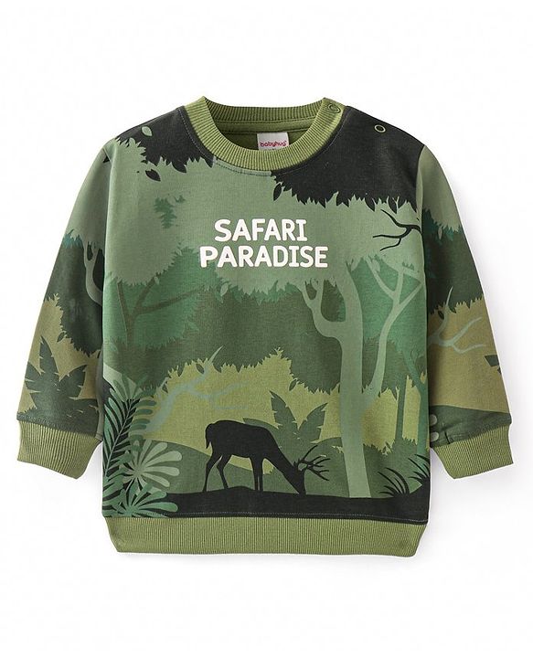 Babyhug Cotton Knit Full Sleeves Jungle Safari Theme Print Sweatshirt - Green