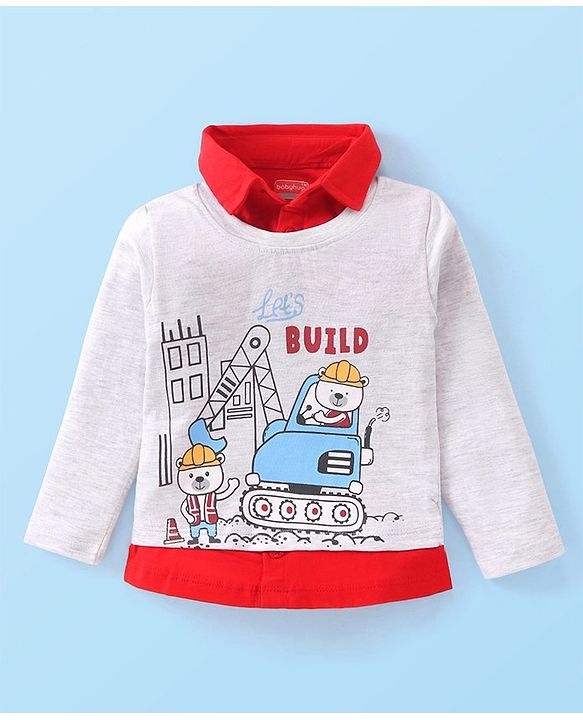 Babyhug Cotton Knit Full Sleeves Overlapped T-Shirt with Bear Print - Red & Grey