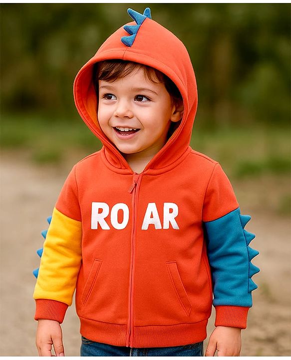 Babyhug Cotton Knit Full Sleeves Front Open Hooded Sweatjacket With Dino Applique & Kangaroo Pockets - Orange