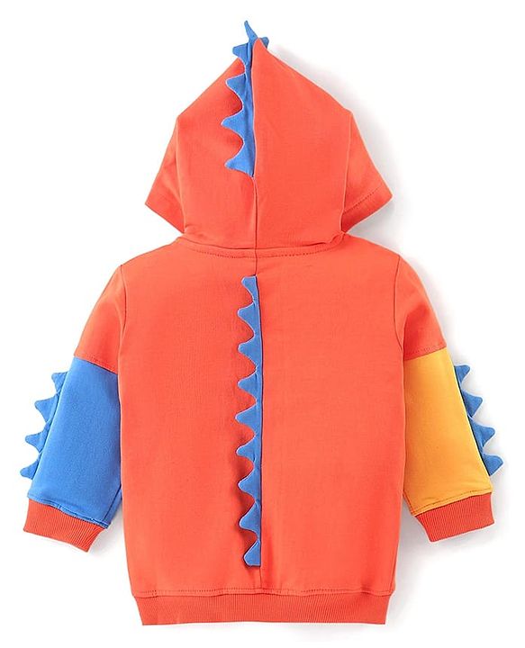 Babyhug Cotton Knit Full Sleeves Front Open Hooded Sweatjacket With Dino Applique & Kangaroo Pockets - Orange