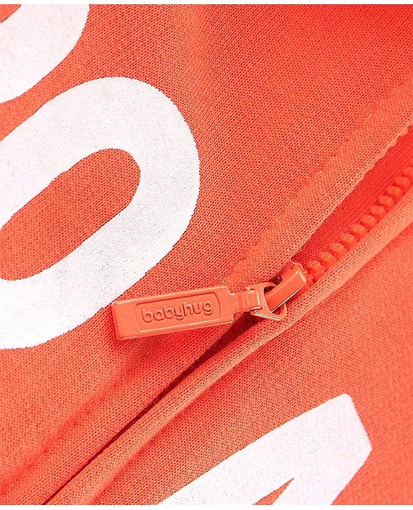 Babyhug Cotton Knit Full Sleeves Front Open Hooded Sweatjacket With Dino Applique & Kangaroo Pockets - Orange