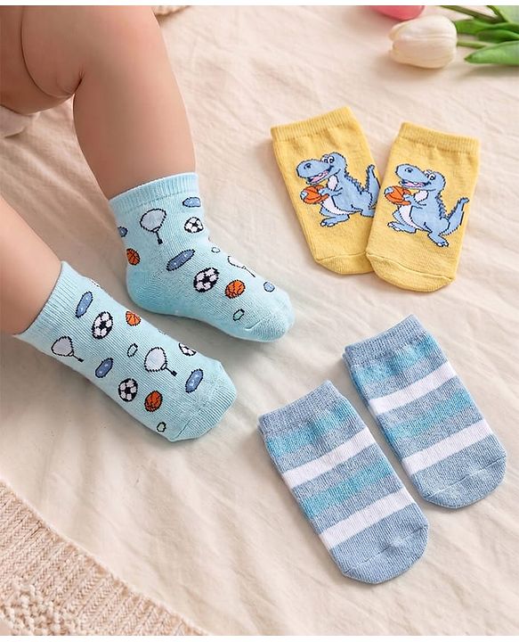 Cute Walk by Babyhug Anti-Bacterial Ankle Length Striped Socks Pack of 3 - Yellow & Blue