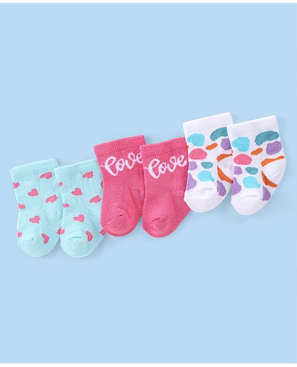 Cute Walk by Babyhug Knit Anti-Bacterial Ankle Length Socks with Heart & Text Design Pack of 3 - Pink Blue & White