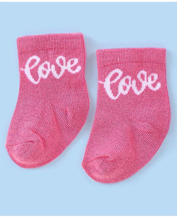 Cute Walk by Babyhug Knit Anti-Bacterial Ankle Length Socks with Heart & Text Design Pack of 3 - Pink Blue & White