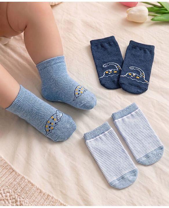Cute Walk by Babyhug Knit Anti-Bacterial Ankle Length Socks with Striped & Dino Design Pack of 3 - Blue & White