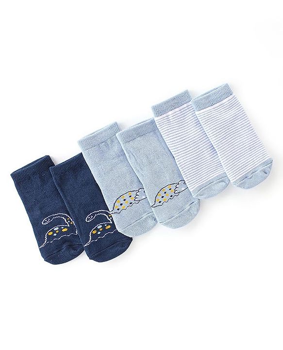 Cute Walk by Babyhug Knit Anti-Bacterial Ankle Length Socks with Striped & Dino Design Pack of 3 - Blue & White