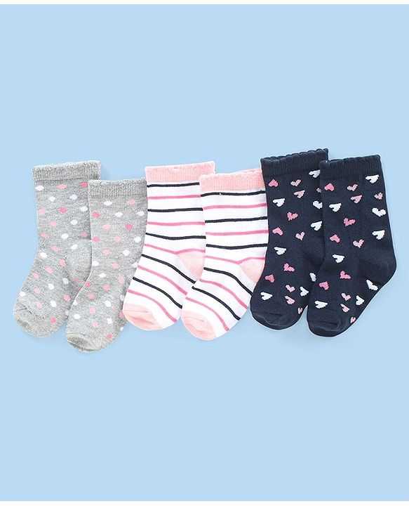 Cute Walk by Babyhug Anti-bacterial Ankle Length Striped & Designed Socks Pack of 3 - Blue Grey & White