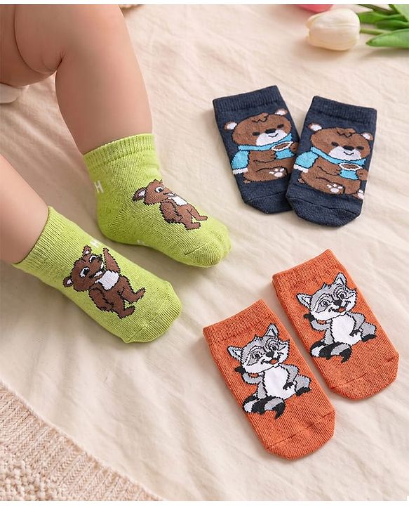 Cute Walk by Babyhug Knit Anti-Bacterial Ankle Length Socks with Raccoon & Bear Design Pack of 3 - Orange Green & Blue