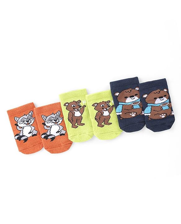 Cute Walk by Babyhug Knit Anti-Bacterial Ankle Length Socks with Raccoon & Bear Design Pack of 3 - Orange Green & Blue